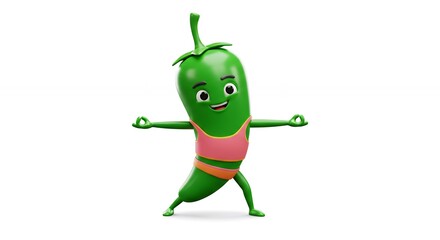 Cartoon pepper character in yoga pose