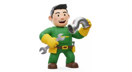 Cartoon plumber character with pipe and wrench