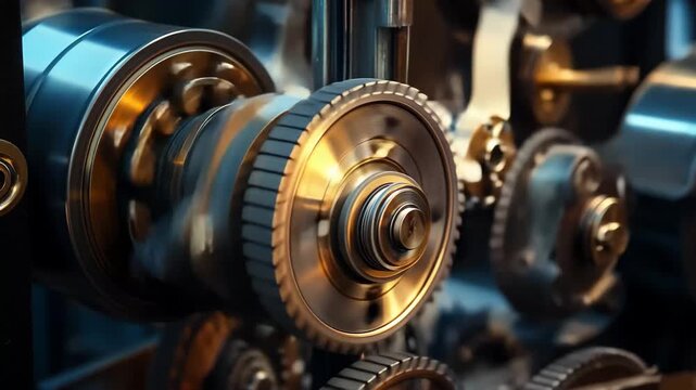 Gears and cogs seamlessly interact in a mechanical symphony, showcasing the elegance of engineering as artisans work during the tranquil hours of dawn, surrounded by tools and innovation.