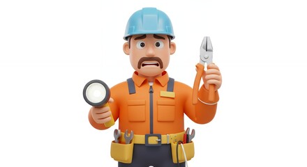 Fototapeta premium Cartoon repairman with tools and confused expression
