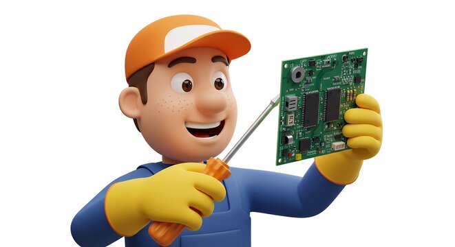 Cartoon technician examining circuit board