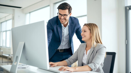 Fototapeta premium Working together on project. Two young business colleagues working on computer. young businessman and businesswoman collaborating at a computer in a modern office