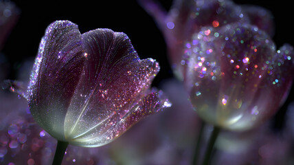 Surreal Purple Tulips Close-up at Night - Petals Glittering with Light