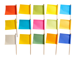 Collection of small colorful marker flags on thin white sticks isolated on transparent background
