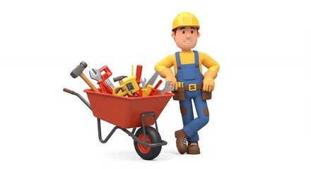 Construction worker with wheelbarrow and tools