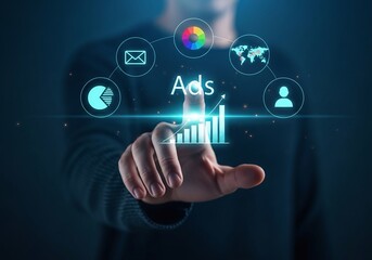 Digital Marketing Strategy with a Person Touching a Virtual Screen Showing Ads and Business Growth Charts Displaying a Dynamic Connection