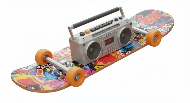 Colorful skateboard with boombox