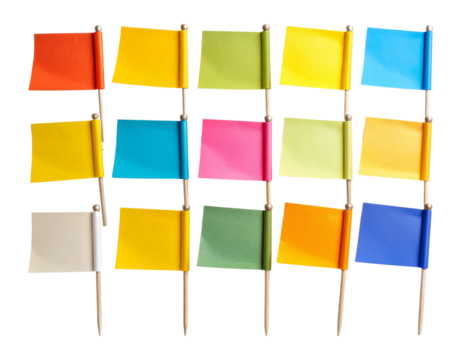 Collection of small colorful marker flags on thin white sticks isolated on transparent background