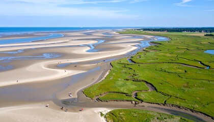 Aerial view Coastline with beach, and tidal flats.