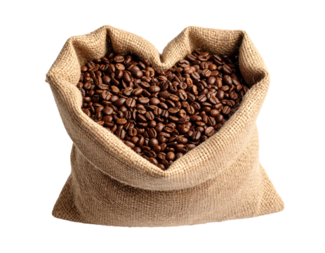A burlap sack filled with coffee beans shaped into a heart, symbolizing a deep love for coffee.