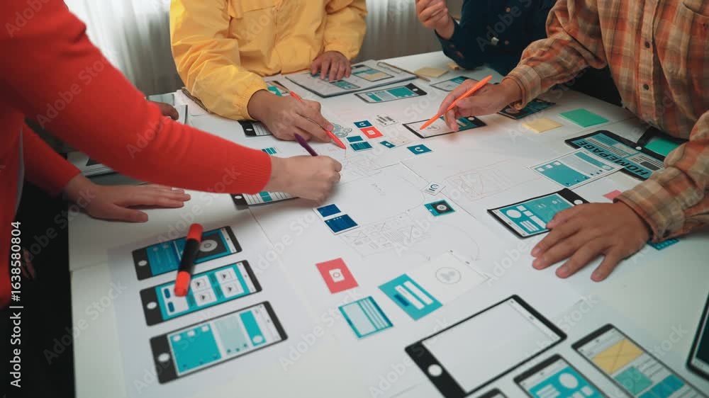 Poster a diverse group of creative professionals engaged in a collaborative session, working on mobile appl
