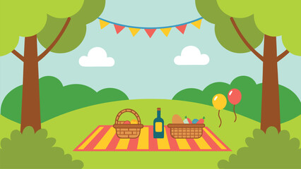 Outdoor Picnic Scene with Baskets, Bottle, Balloons and Bunting Flags outdoors park
