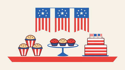 Patriotic American Celebration Cake and Cupcakes with Bunting Flags vector illustration