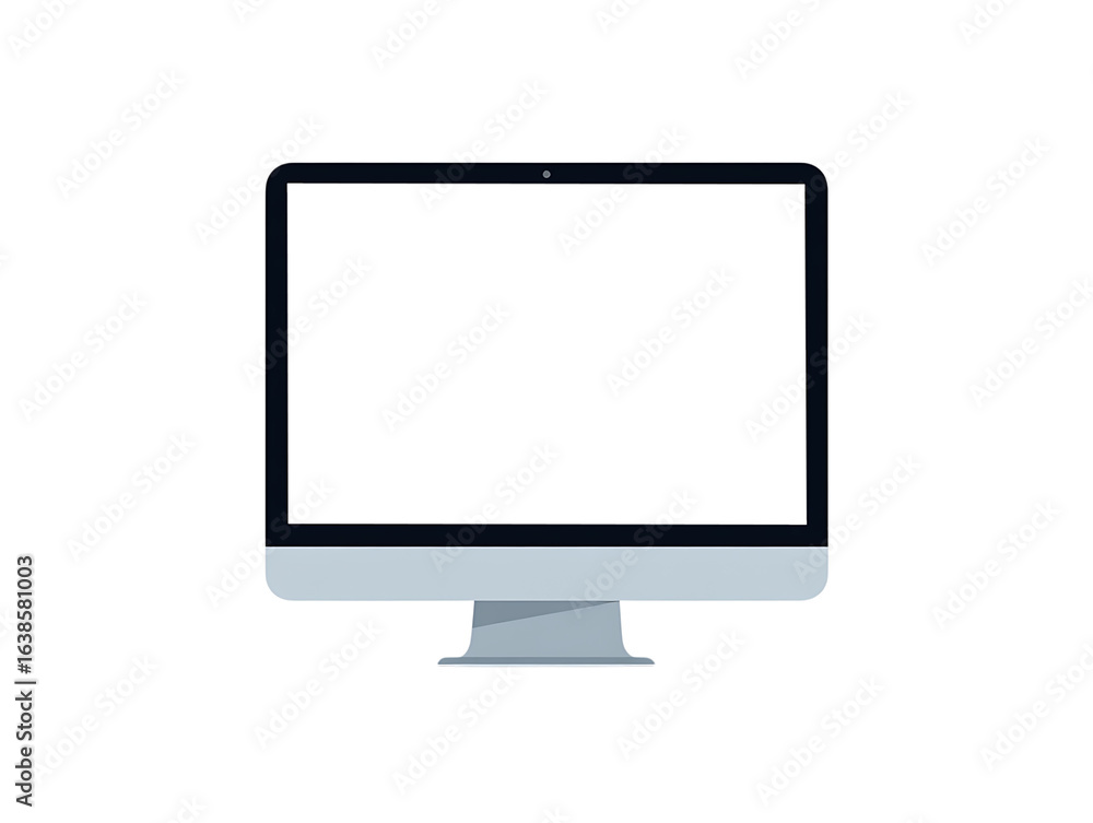 Poster desktop computer monitor with a blank screen and sleek silver base, isolated on transparent backgrou
