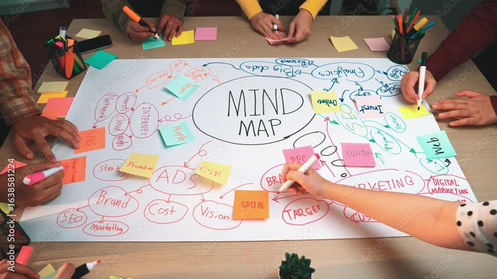 Poster a vibrant and engaging mind mapping session featuring individuals actively brainstorming ideas using