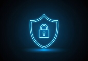Glowing blue security shield with padlock representing data protection and cybersecurity for online safety and digital privacy concept
