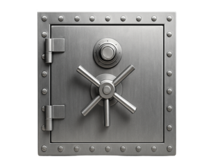 Classic metal bank vault door with combination lock and handle isolated on transparent background