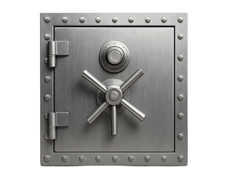 Classic metal bank vault door with combination lock and handle isolated on transparent background