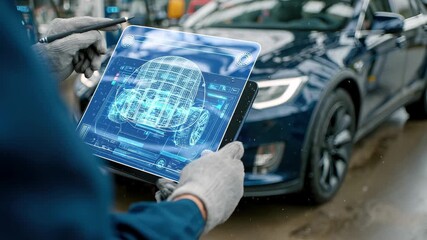 Electric Vehicle Diagnostics Tablet Technology Auto Repair, 4k video footage - Powered by Adobe