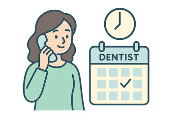 Woman making dentist appointment with calendar and clock symbol in flat design