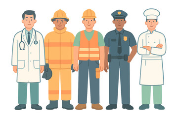 Diverse professions in modern style: doctor, firefighter, worker, police officer, chef