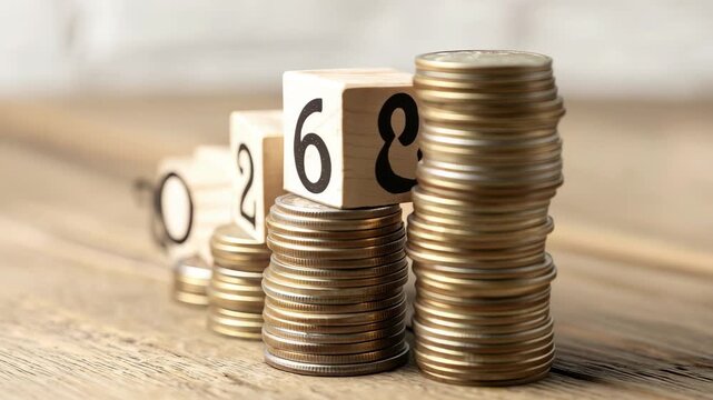 2026 Financial Growth Wooden Blocks Coins Stacked, 4k video footage