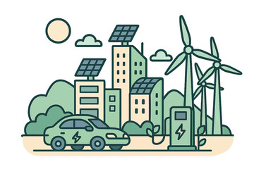 Obraz premium Sustainable urban landscape with electric car and renewable energy sources