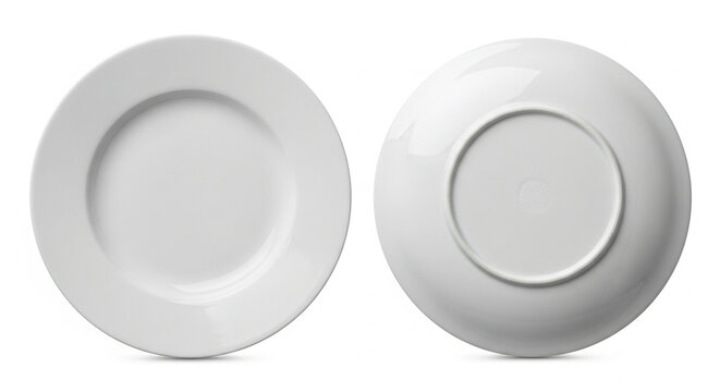 Front and back view of a white porcelain dinner plate, pure white background.