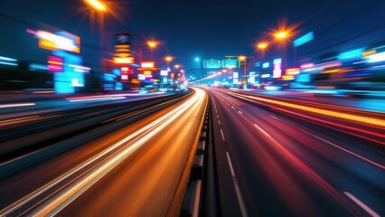 Nighttime Highway: The city's arteries flow with light as a highway captures a dynamic display of car trails, illuminated streetlights, and captivating cityscapes that evoke speed and motion.