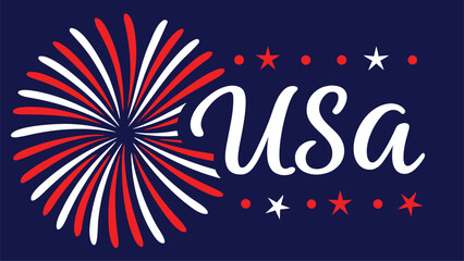 USA Text with Red White Blue Firework Burst and Stars on Dark Blue Background lettering