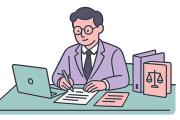 Flat design of professional writing at desk with law books and laptop
