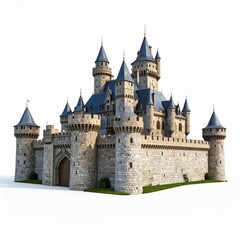 Majestic Stone Castle with Gray Roofs and Central Gate Against White Background