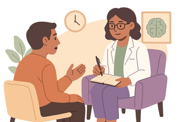 Therapist consultation in cozy office with notepad and conversation