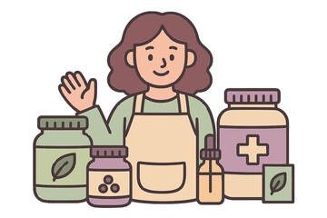 Friendly herbalist offering a range of natural health products in a charming flat design