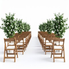 Obraz premium Wooden Chairs and White Flowering Plants Wedding Ceremony Setup
