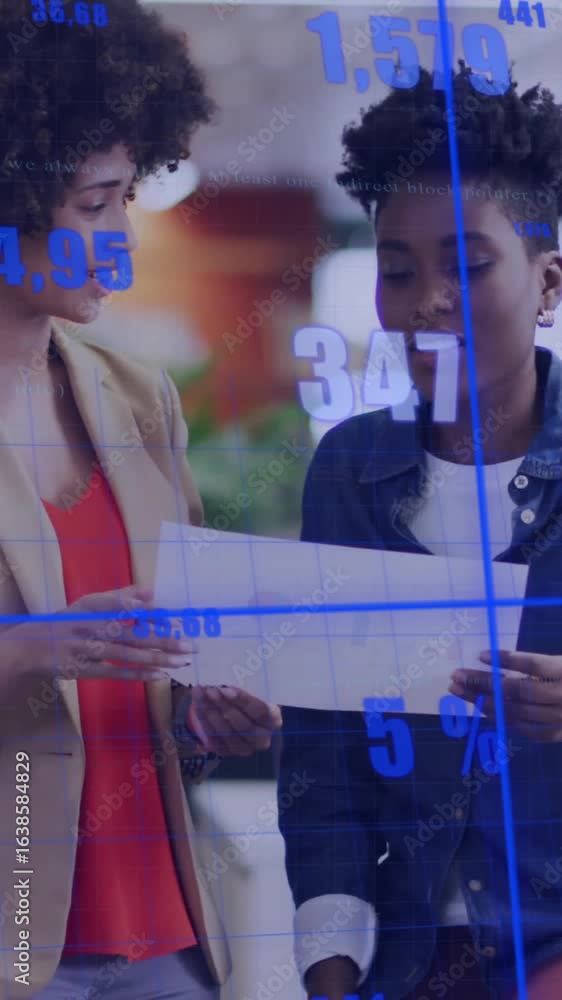 Poster animation of financial data processing over diverse colleagues discussing work in office