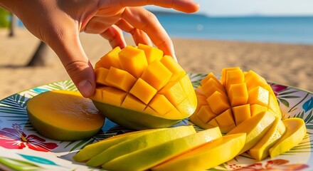 A stunning, vibrant shot of a person's hand reaching for a freshly sliced mango on a colorful platter, with a sunlit beach scene blurred in the background. The focus is on the juicy texture of the man