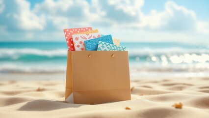 Coastal Shopping Bliss: A shopping bag filled with colorful gift cards rests on a sandy beach, the azure ocean and sunny sky providing a picturesque backdrop for a day of leisure.