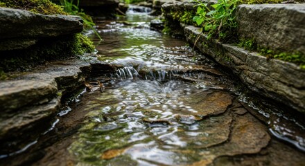 Gentle stream flows amidst mossy rocks creating a tranquil landscape view