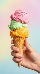 A close-up shot of a person's hand holding a colorful ice cream cone against a soft, pastel-colored background. The ice cream is slightly melting, emphasizing the heat and pleasure of summer.