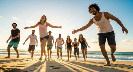 A wide shot of a diverse group of friends laughing and running towards the ocean on a sun-drenched beach. The camera angle is low,