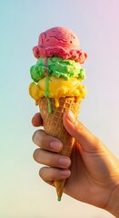 A close-up shot of a person's hand holding a colorful ice cream cone against a soft, pastel-colored background. The ice cream is slightly melting, emphasizing the heat and pleasure of summer.