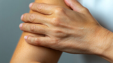 Fototapeta premium Close-up of a woman’s hand scratching her red, irritated arm, symbolizing discomfort, skin allergy, dryness, or eczema, set against a neutral background highlighting skin texture and redness.