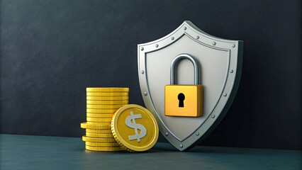 Secure financial protection concept with shield and lock symbolizing safety and security of money, investments, and digital assets