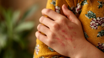Close-up of a woman’s hand scratching her red, irritated arm, symbolizing discomfort, skin allergy, dryness, or eczema, set against a neutral background highlighting skin texture and redness.

