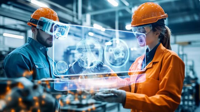 Two skilled engineers in safety gear engage with holographic displays, enhancing efficiency in a modern factory. Their collaboration showcases innovative approaches to manufacturing processes.