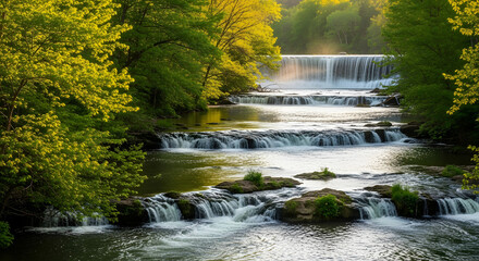 Serene Waterfall Cascading Down Rocky Tiers Amidst Lush Greenery