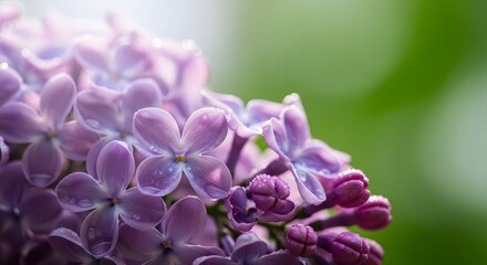 A close up view of a cluster of light purple lilac flowers with water droplets on a blurred background