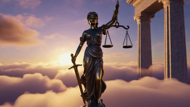 Majestic statue of Lady Justice holding scales and sword amidst a cloudy sunset backdrop