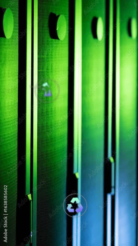 Poster animation of ecology icons and data processing over server room